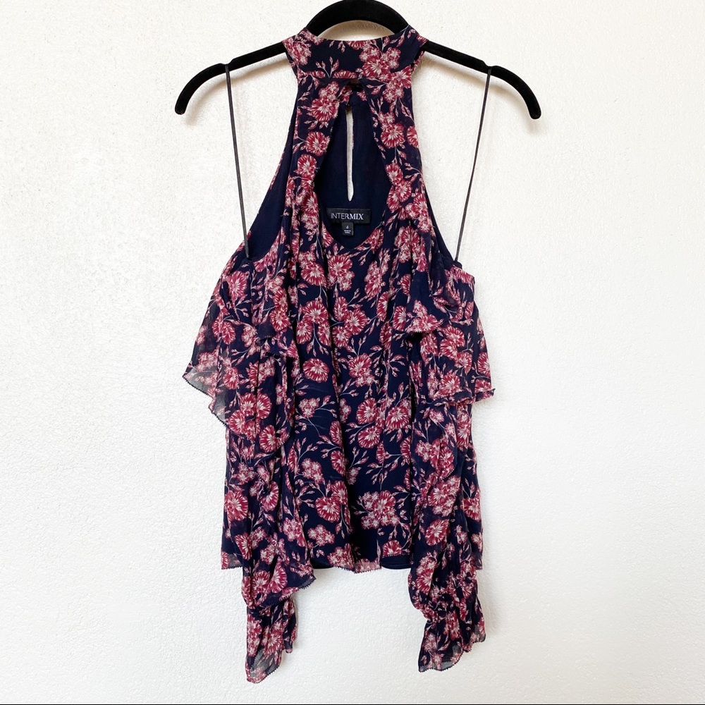 INTERMIX Silk Cutout Cold Shoulder Floral Top Size 4